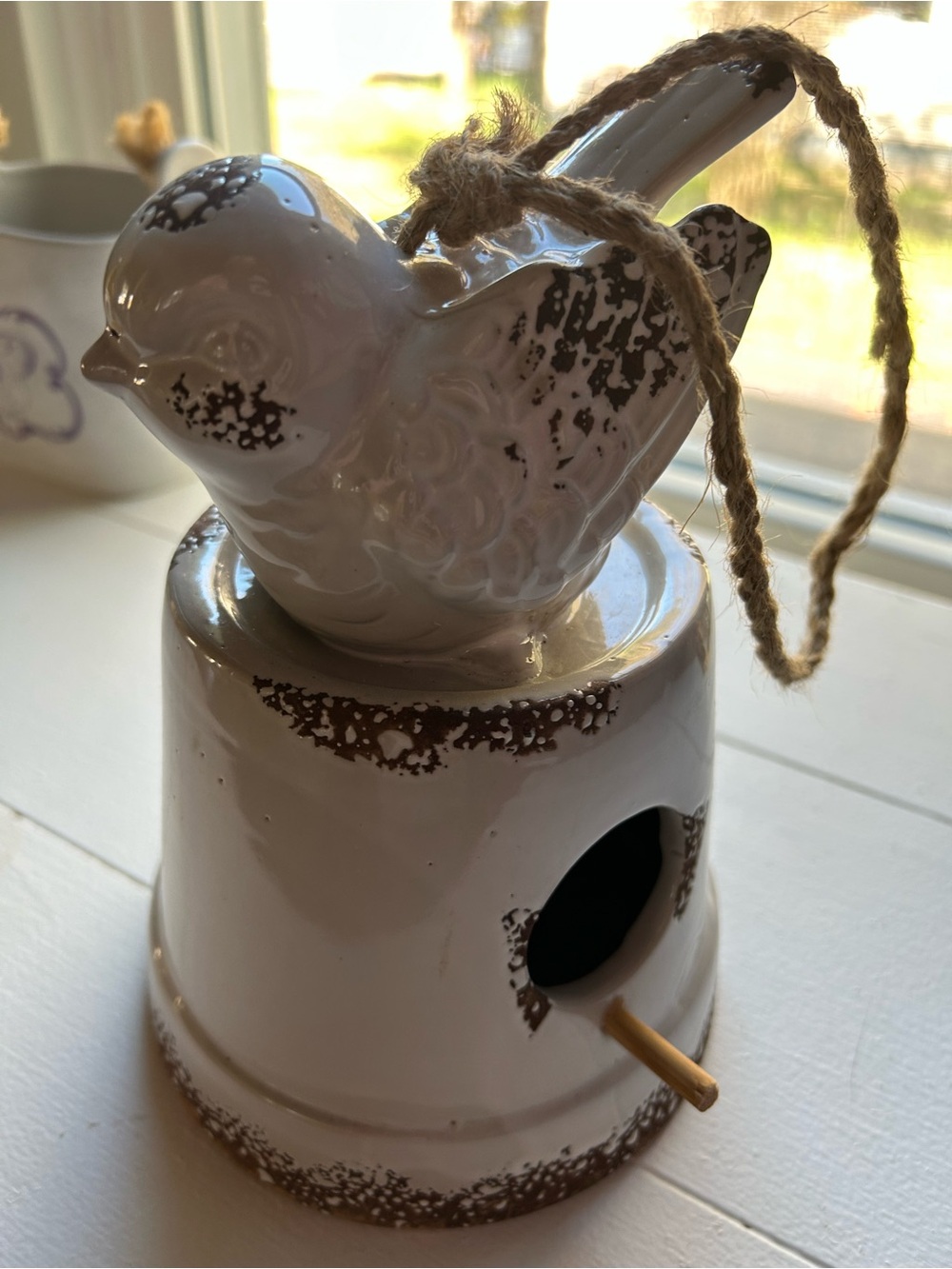 ADORABLE WELL MADE Ceramic White Hanging Bird House Ornament, Terrific Shape